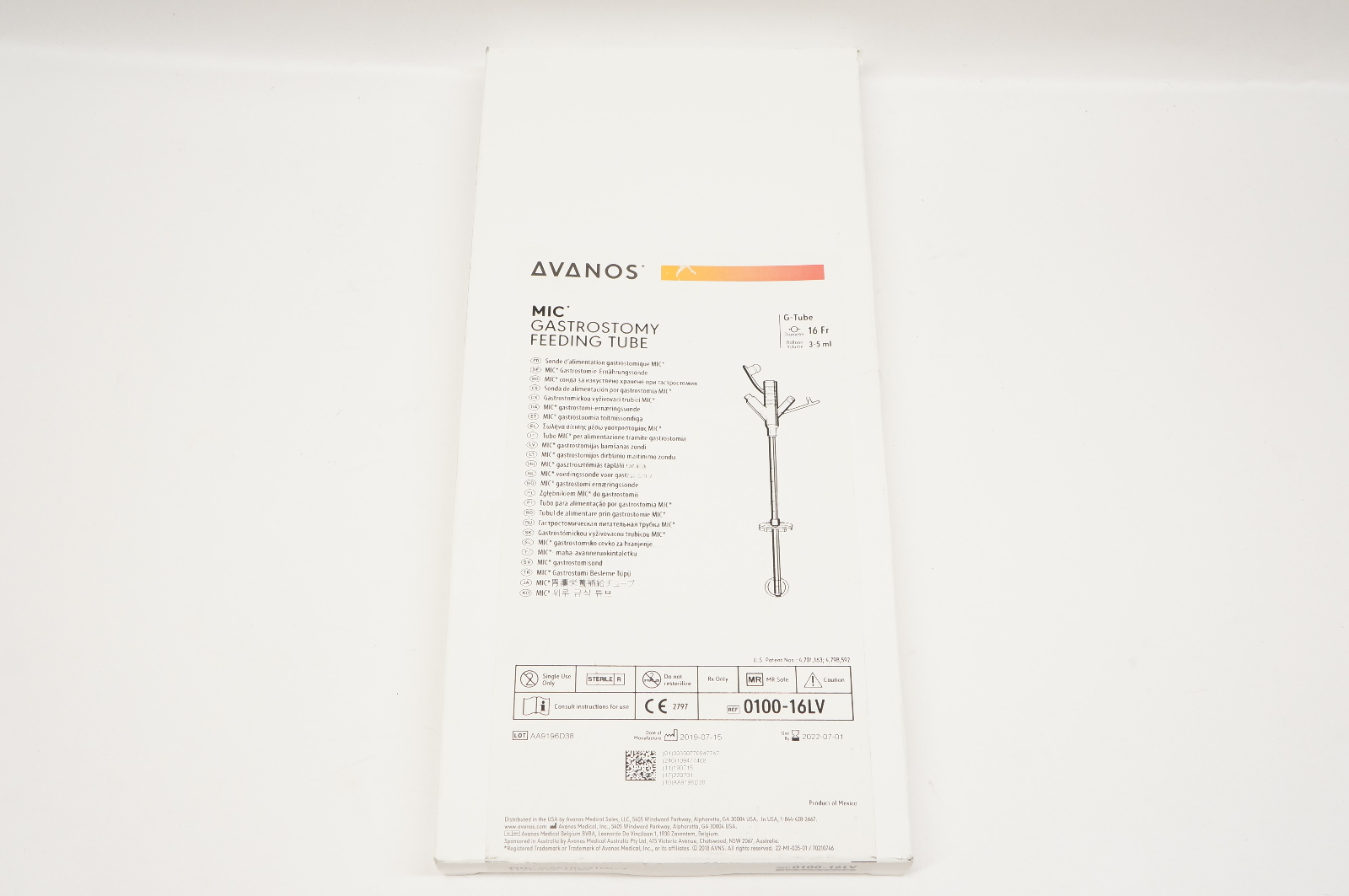 Avanos 0100-16LV MIC Gastrostomy Feeding Tube 3-5ml x 16Fr.