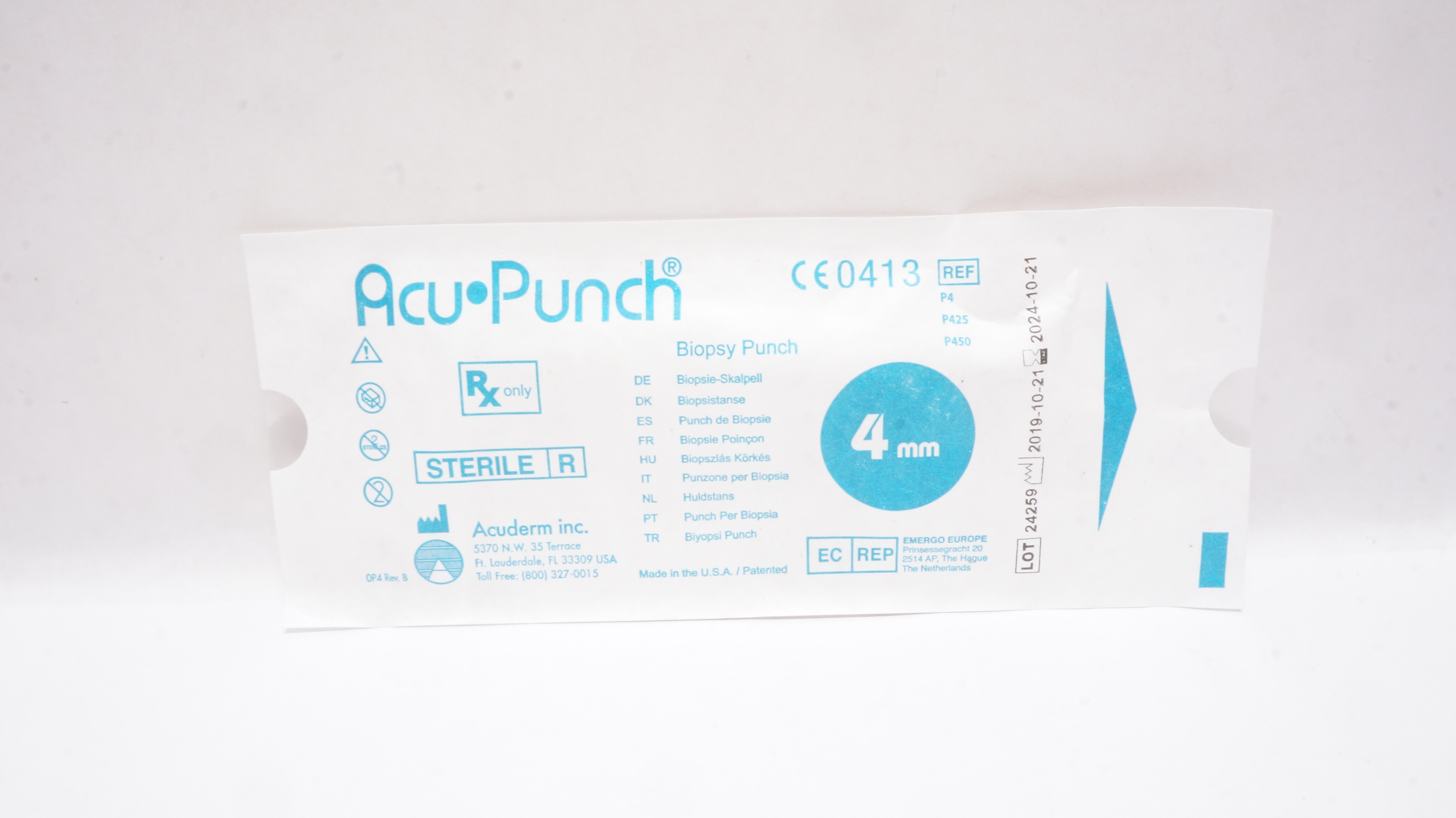 Acuderm P4/P425/P450 Acu Punch Biopsy Punch 4mm