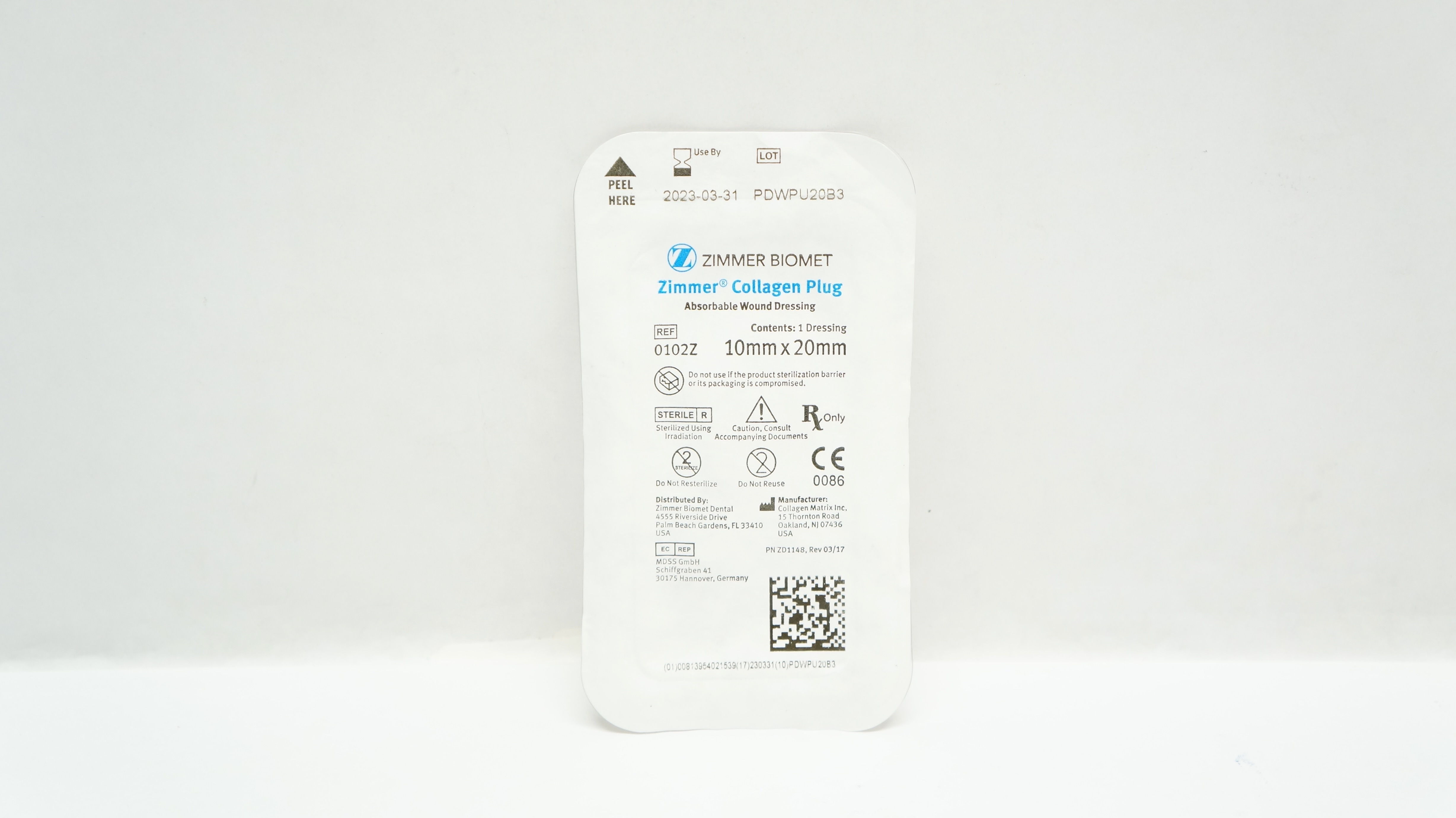 Zimmer 0102Z Collagen Plug Absorbable Wound Dressing 10mm x 20mm (x)