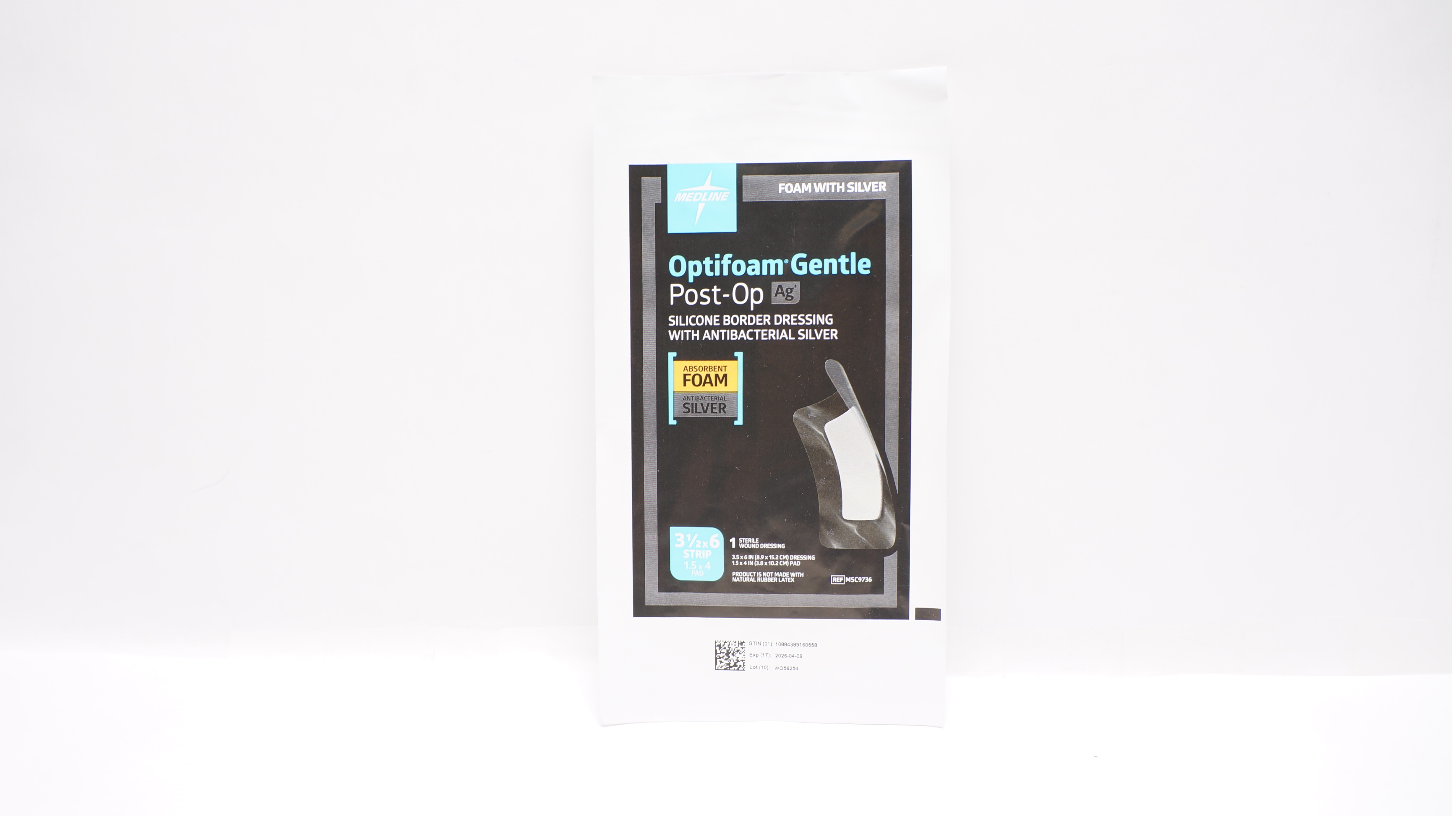 Medline MSC9736 Optifoam Silver Antimicrobial Wound Dressing 3.5inch x 6inch