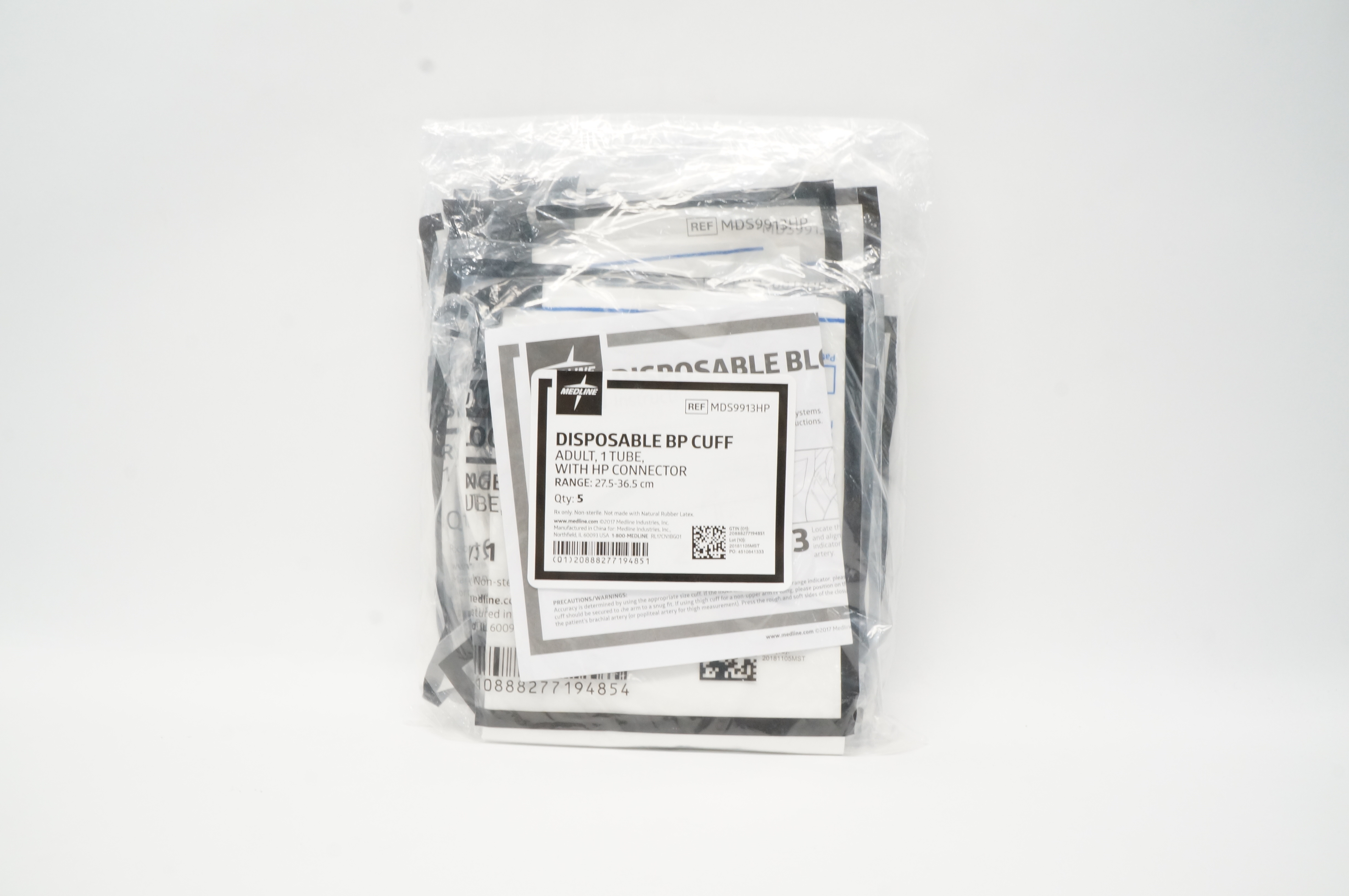 Medline MDS9913HP Blood Pressure Cuff Adult 27.5-36.5cm - Pack of 5
