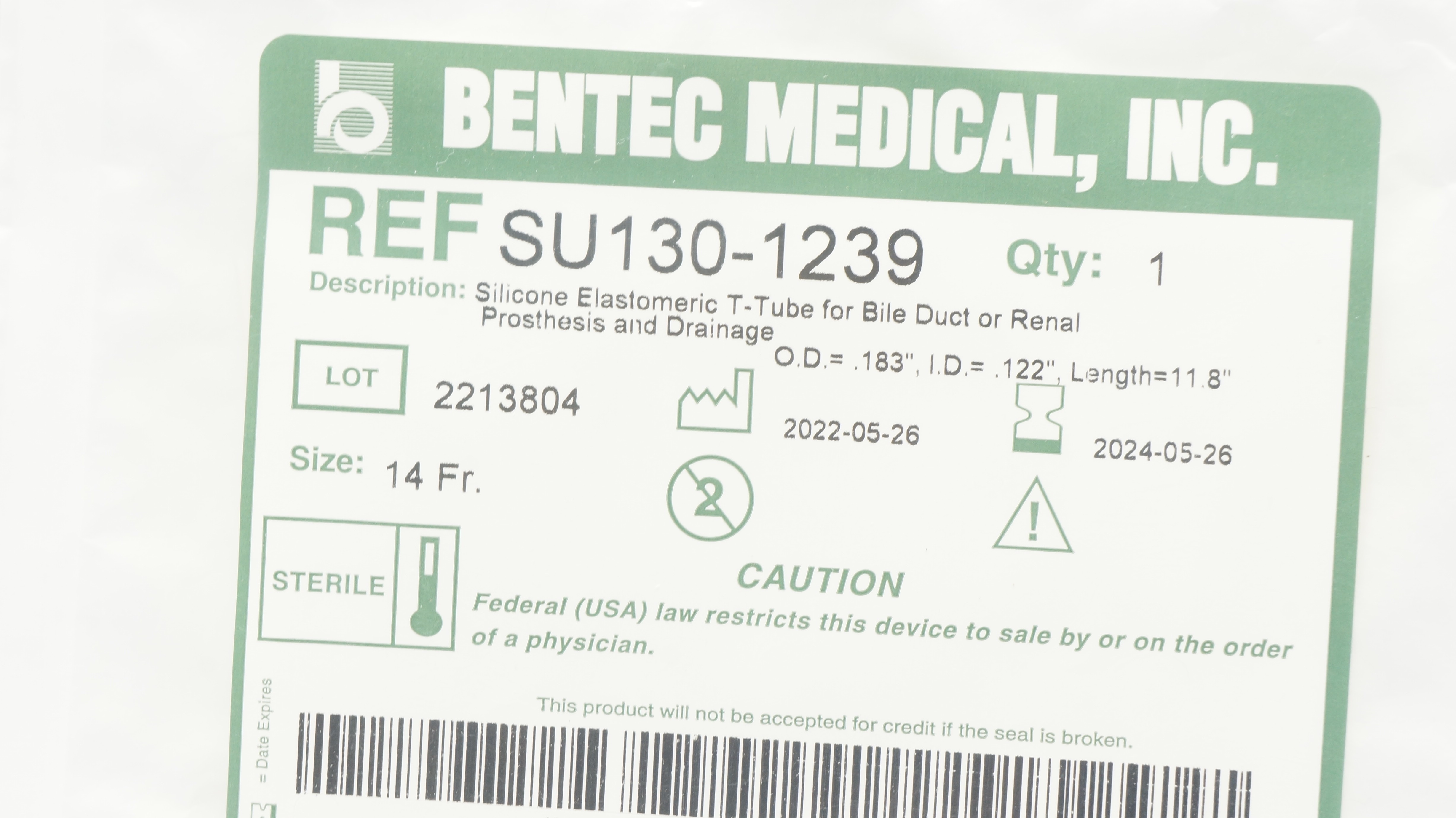 Bentec Medical SU130-1239 Silicone T-Tube Biliary Drainage Cath. 14Frx12inch (x)
