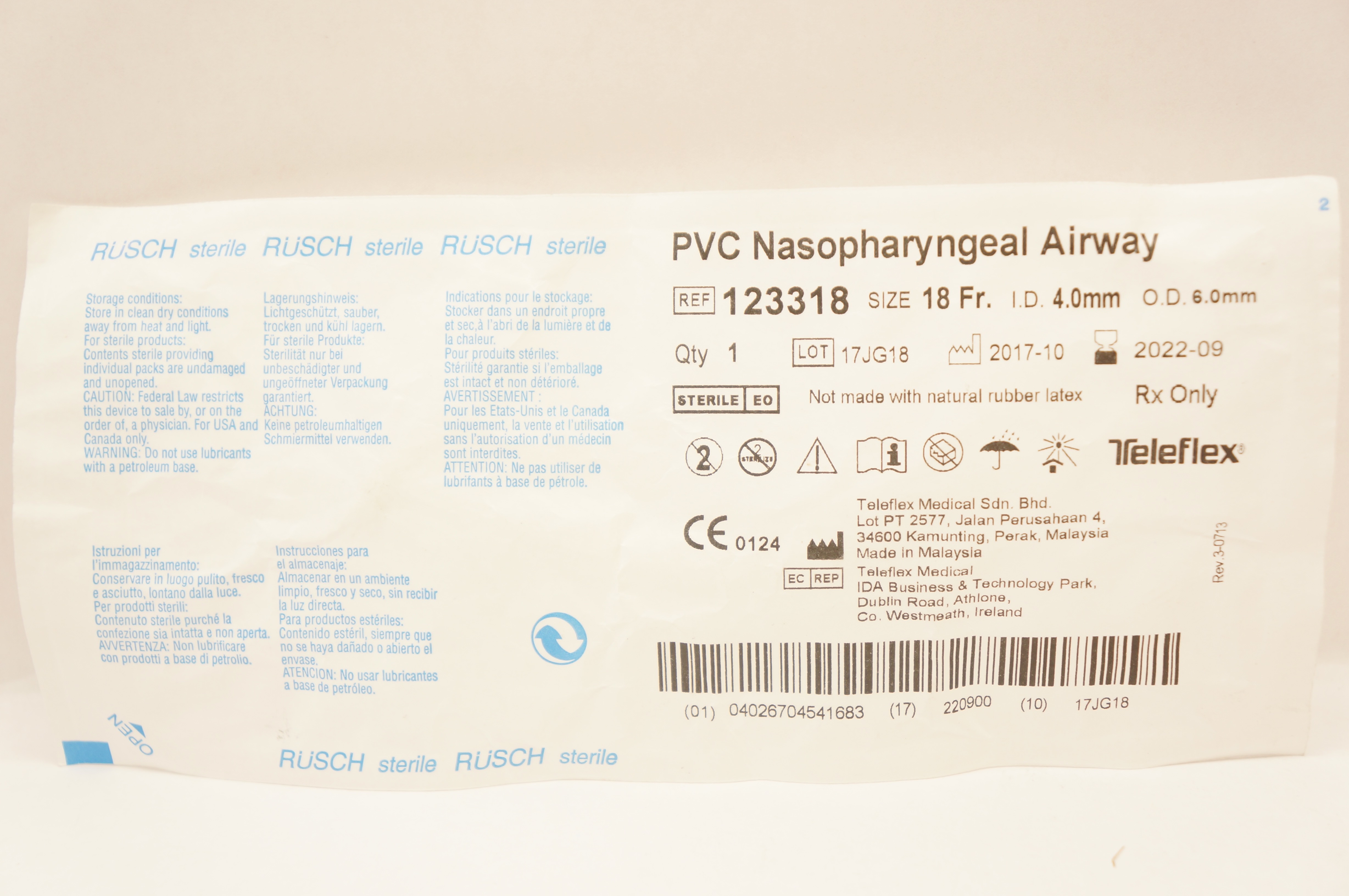 Teleflex 123318 Rusch PVC Nasopharyngeal Airway 18Fr x ID 4.0mm x