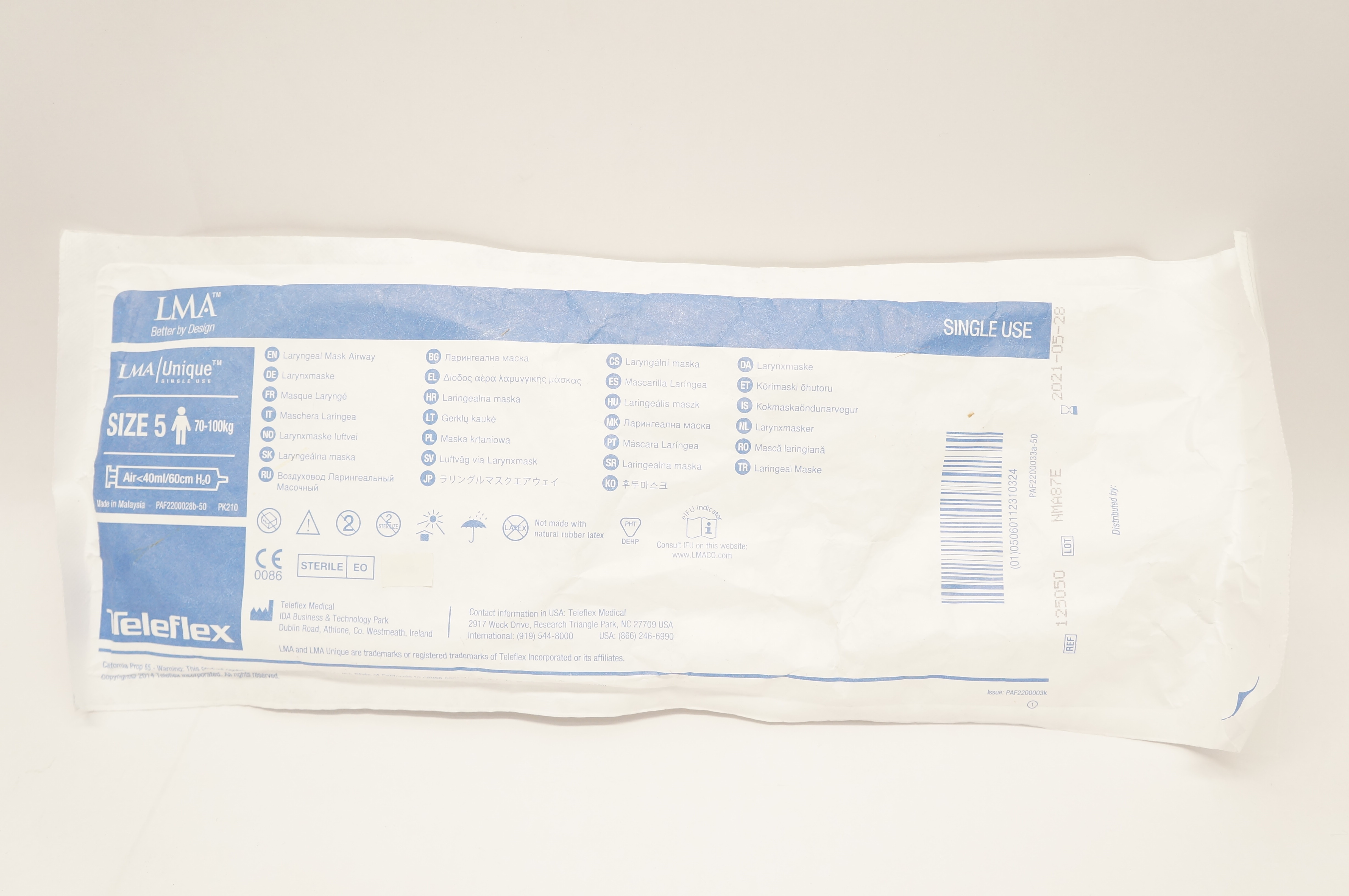 Teleflex 125050 LMA Unique Laryngeal Mask Airway Size 5 70-100kg (x)