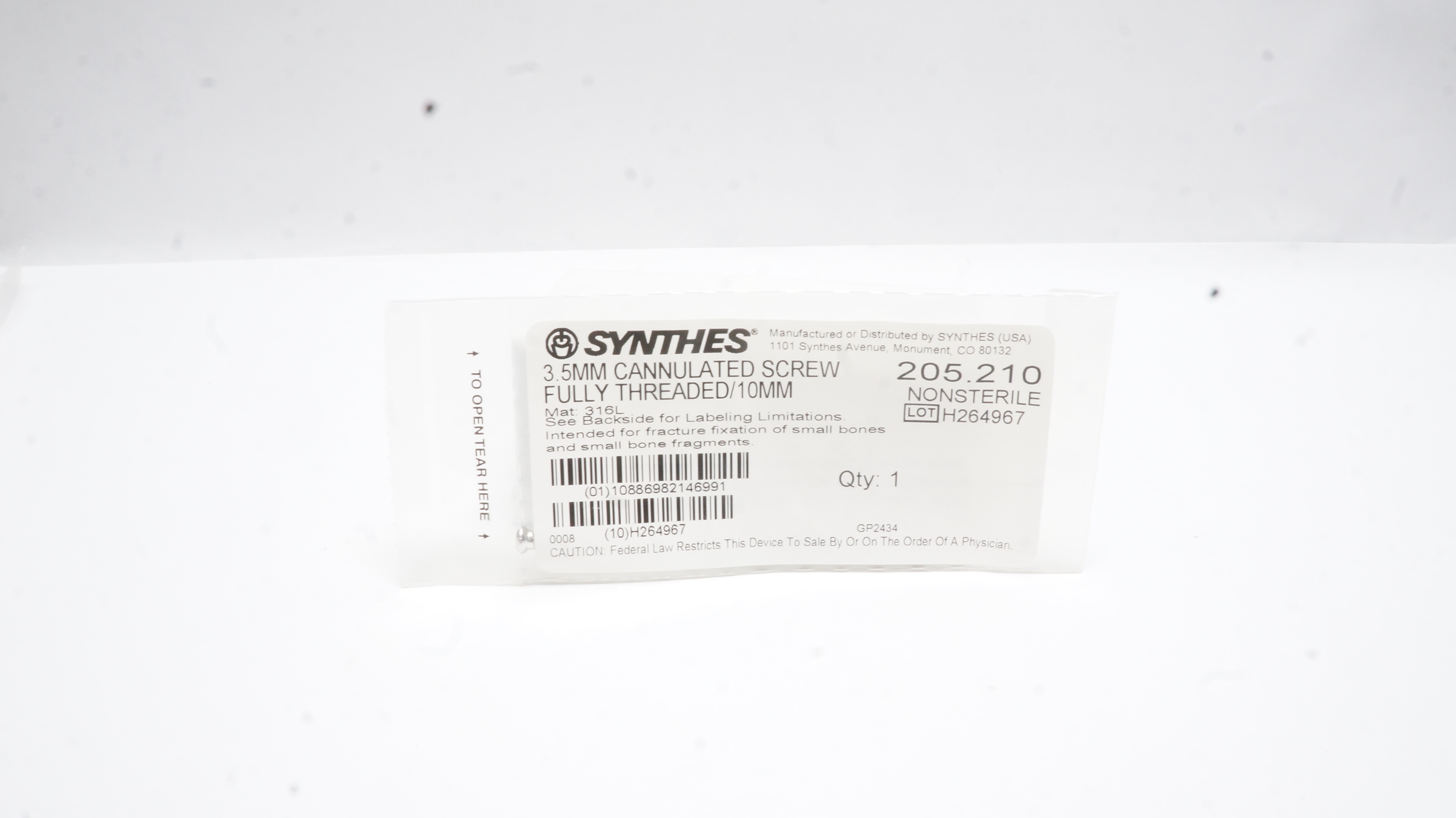 Synthes 205.210 3.5mm Cannulated Screw Fully Threaded/10mm