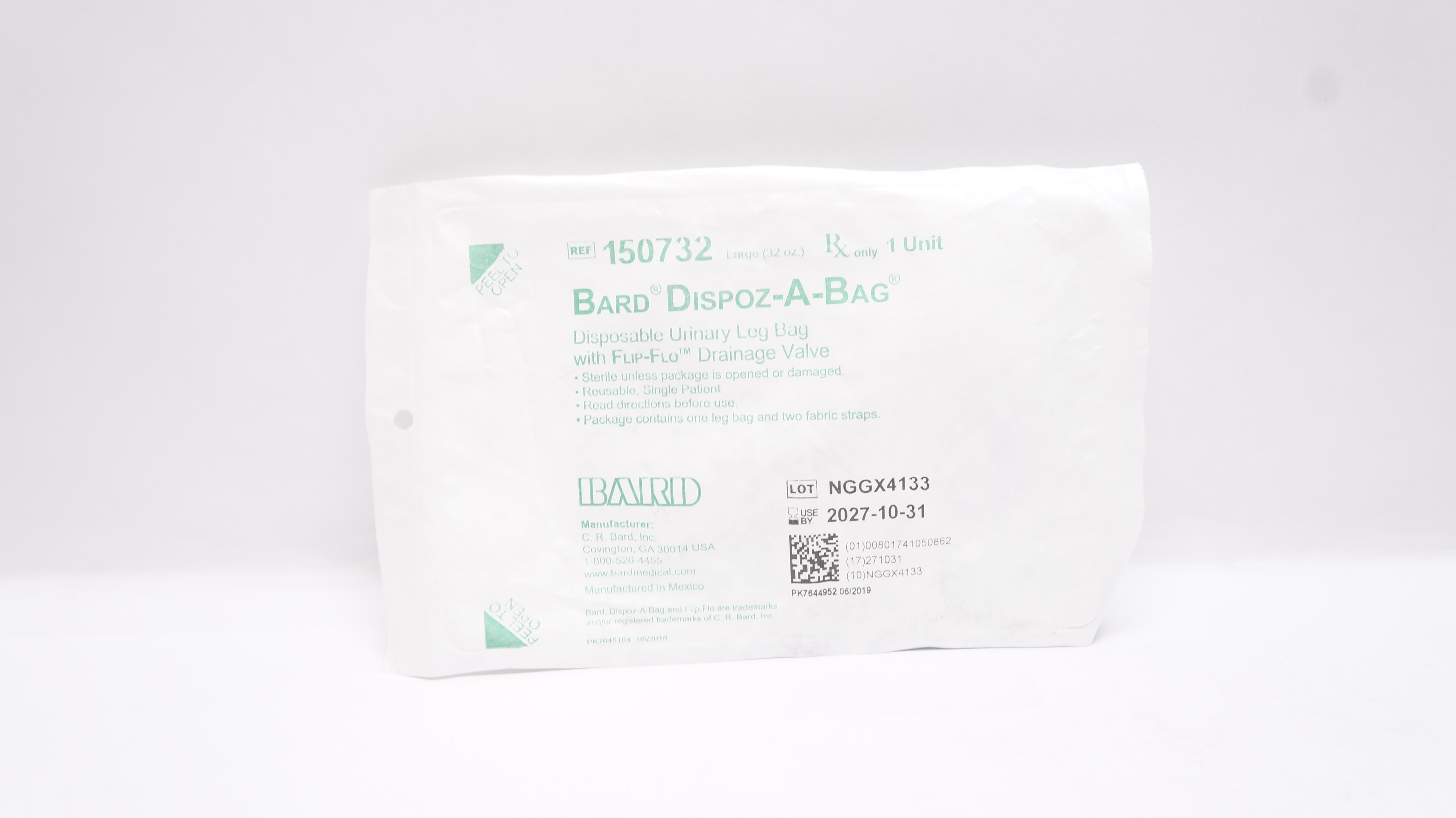 Bard 150732 Dispoz-A-Bag Disposable Urinary Leg Bag w/Drainage Valve Large 32oz.