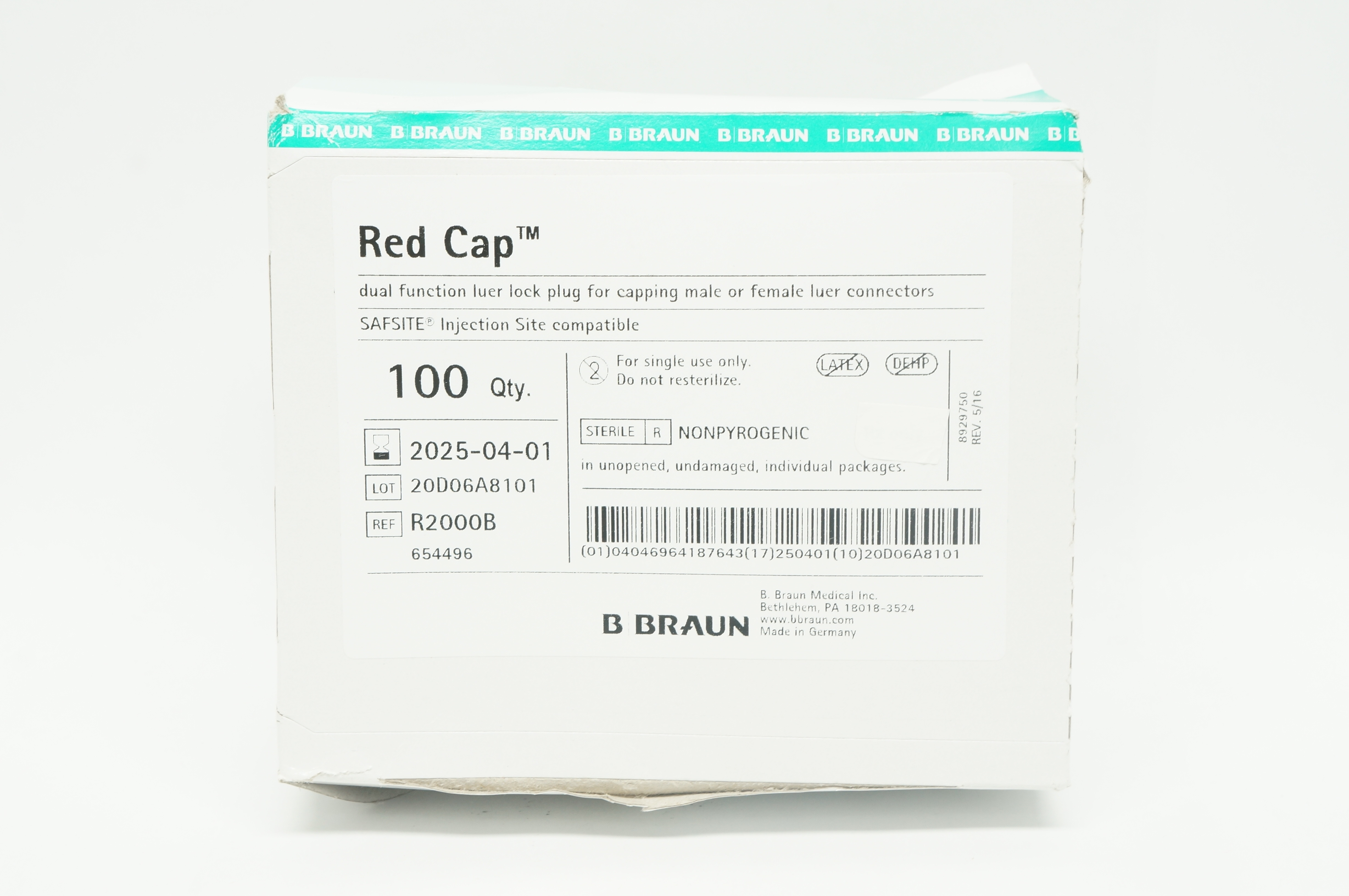 Braun R2000B Red Cap Dual Function Luer Lock Plug - Box of 100