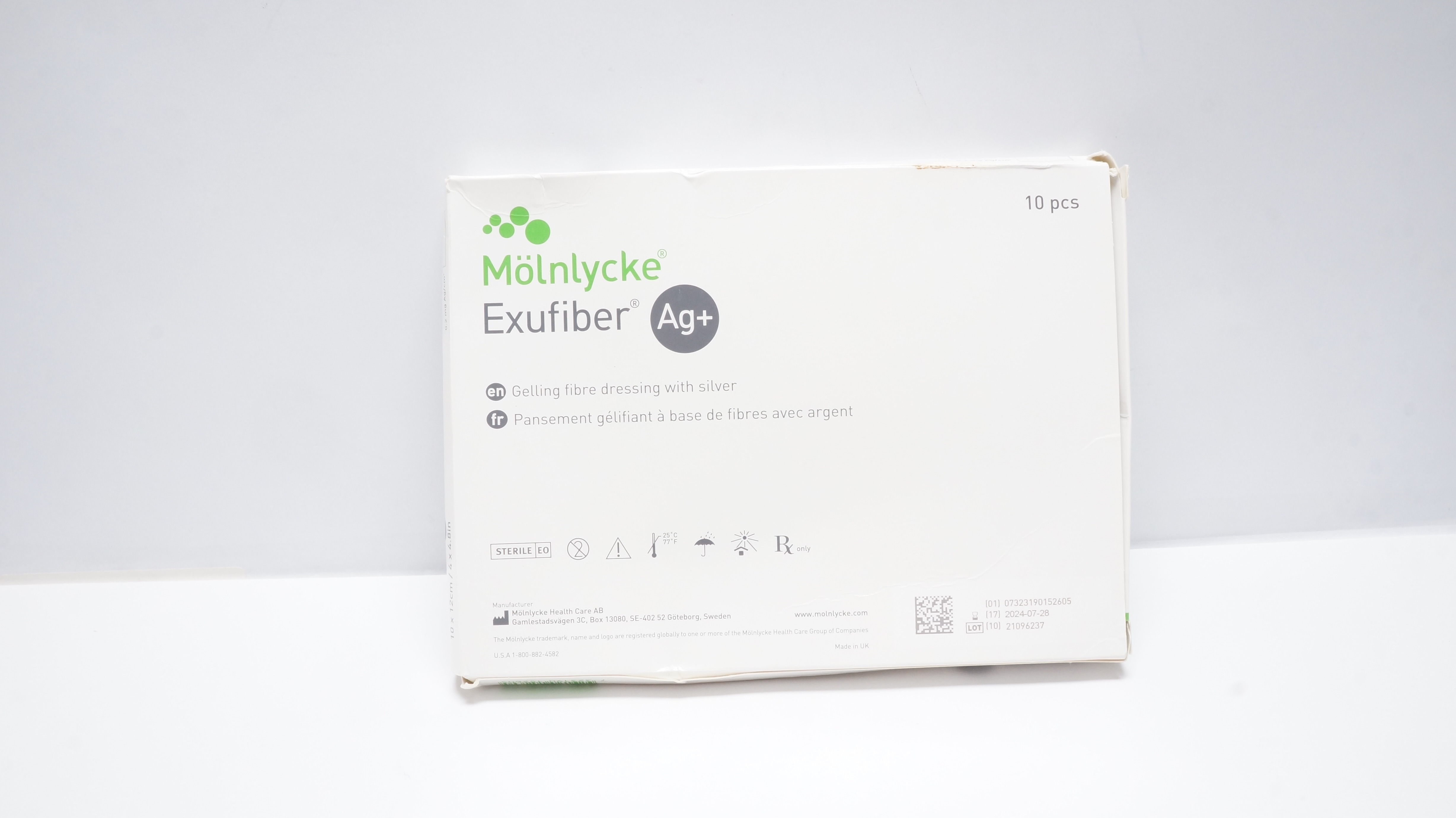 Molnlycke 603422 Exufiber Ag+ Gelling Fiber Dressing 4 x 4.8inch (x)- Box of 10