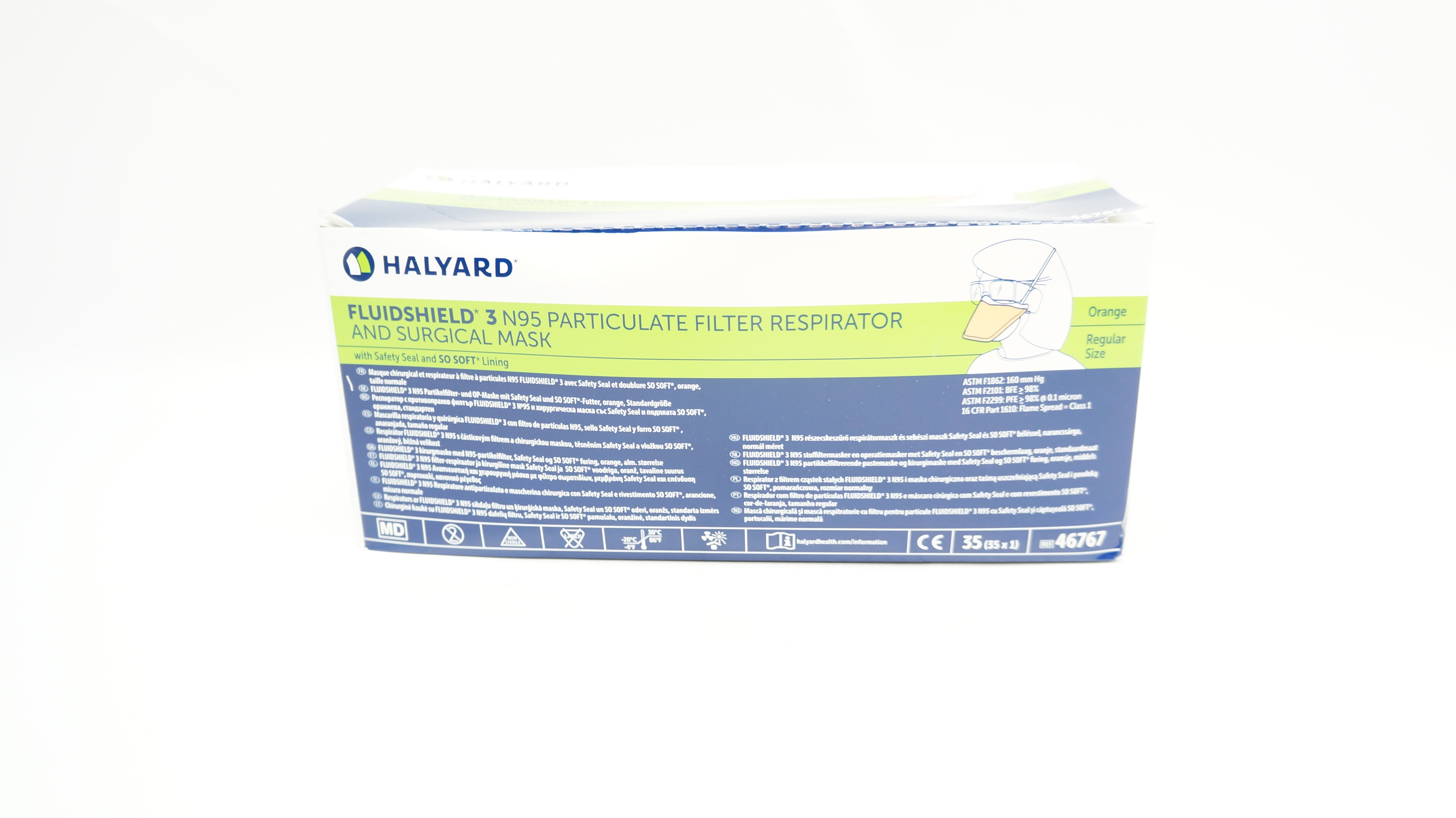 Halyard 46767 FLUIDSHIELD 3 N95 Particulate Filter Respirator Regular -Box of 35