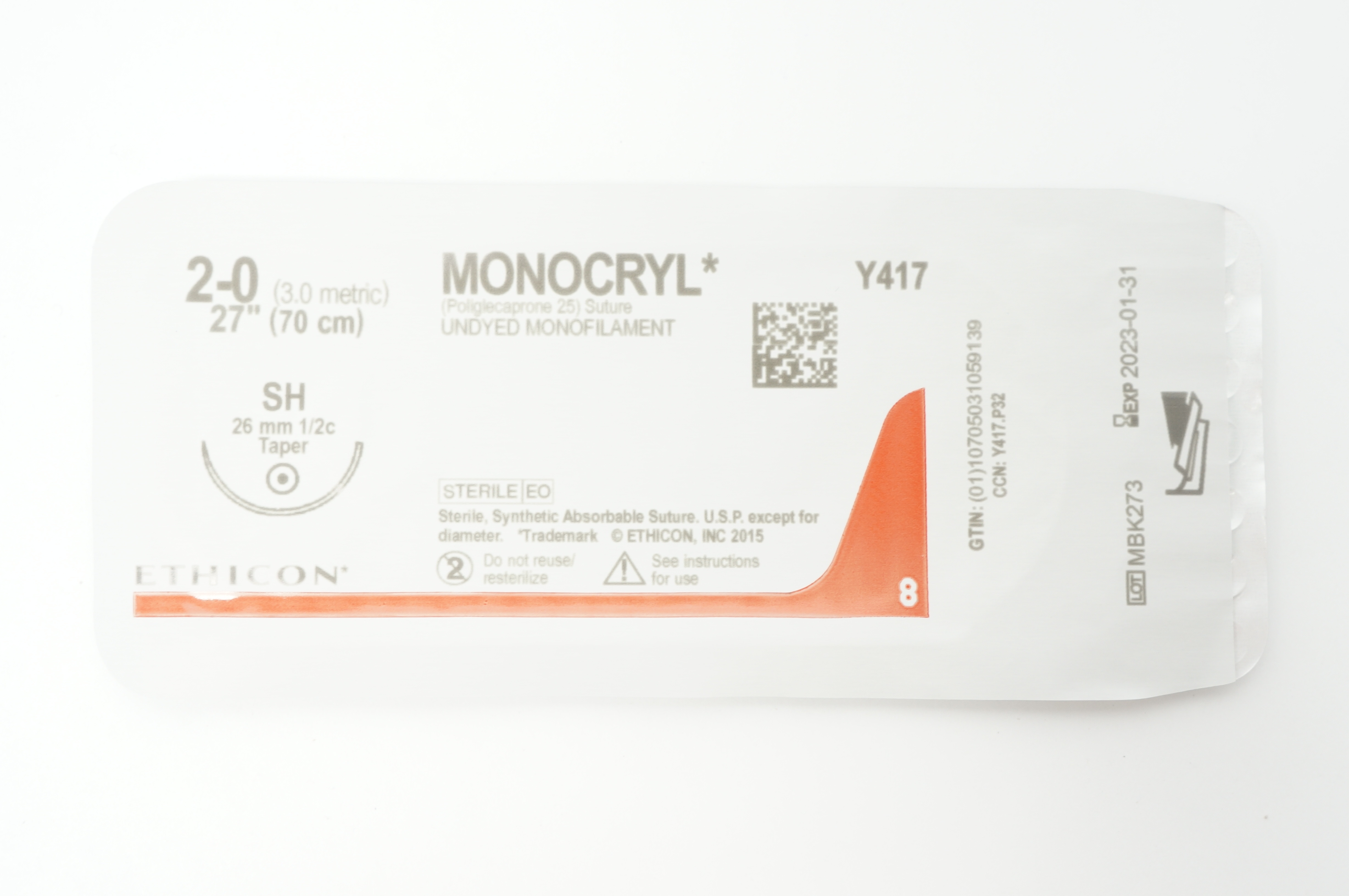 Ethicon Y417 2-0 MONOCRYL Undyed Monofilament SH 26mm 1/2c Taper, 27inch
