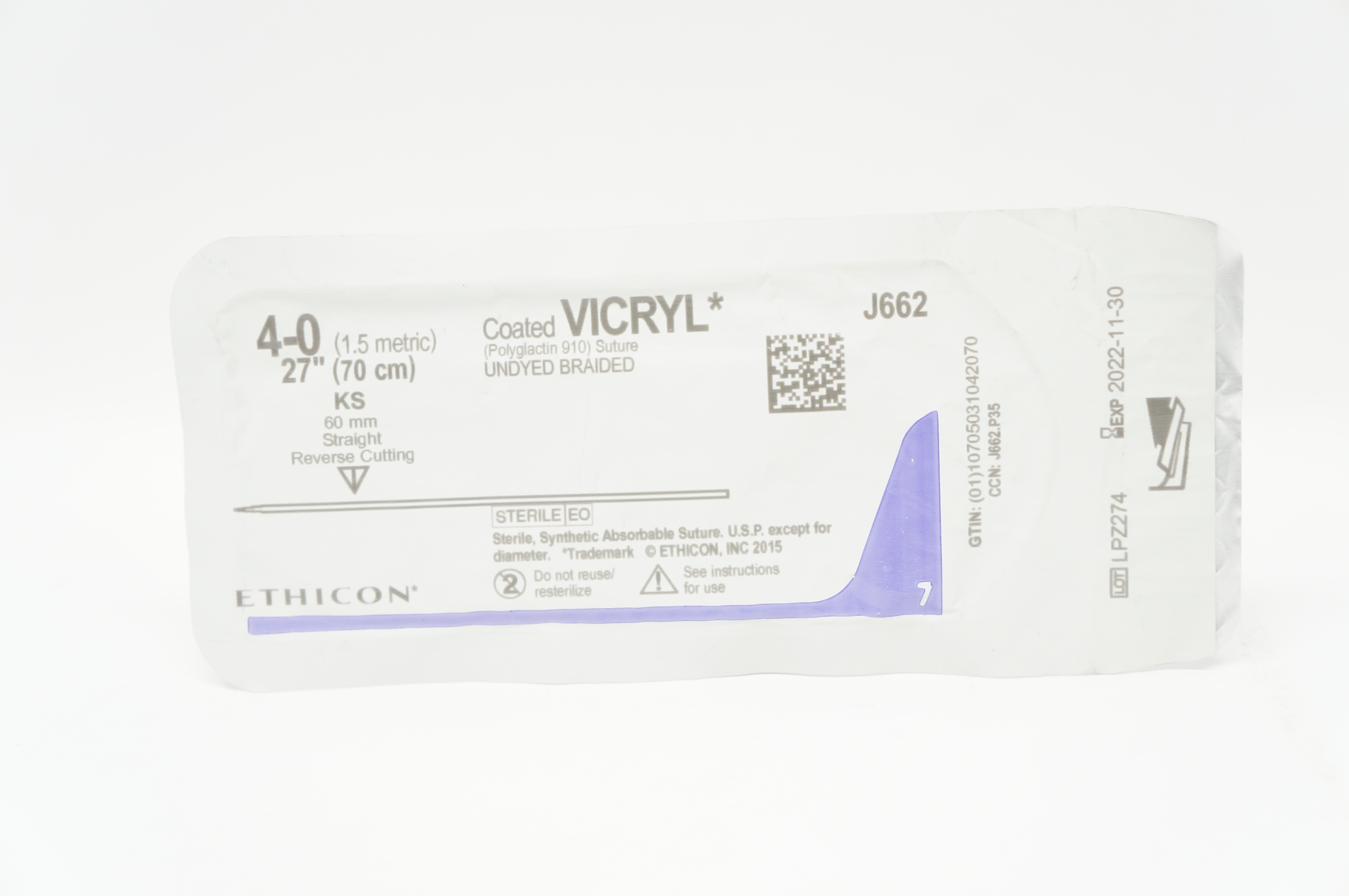 Ethicon J662 4-0 Coated VICRYL Stre KS 60mm Straight Reverse Cutting, 27inch (x)
