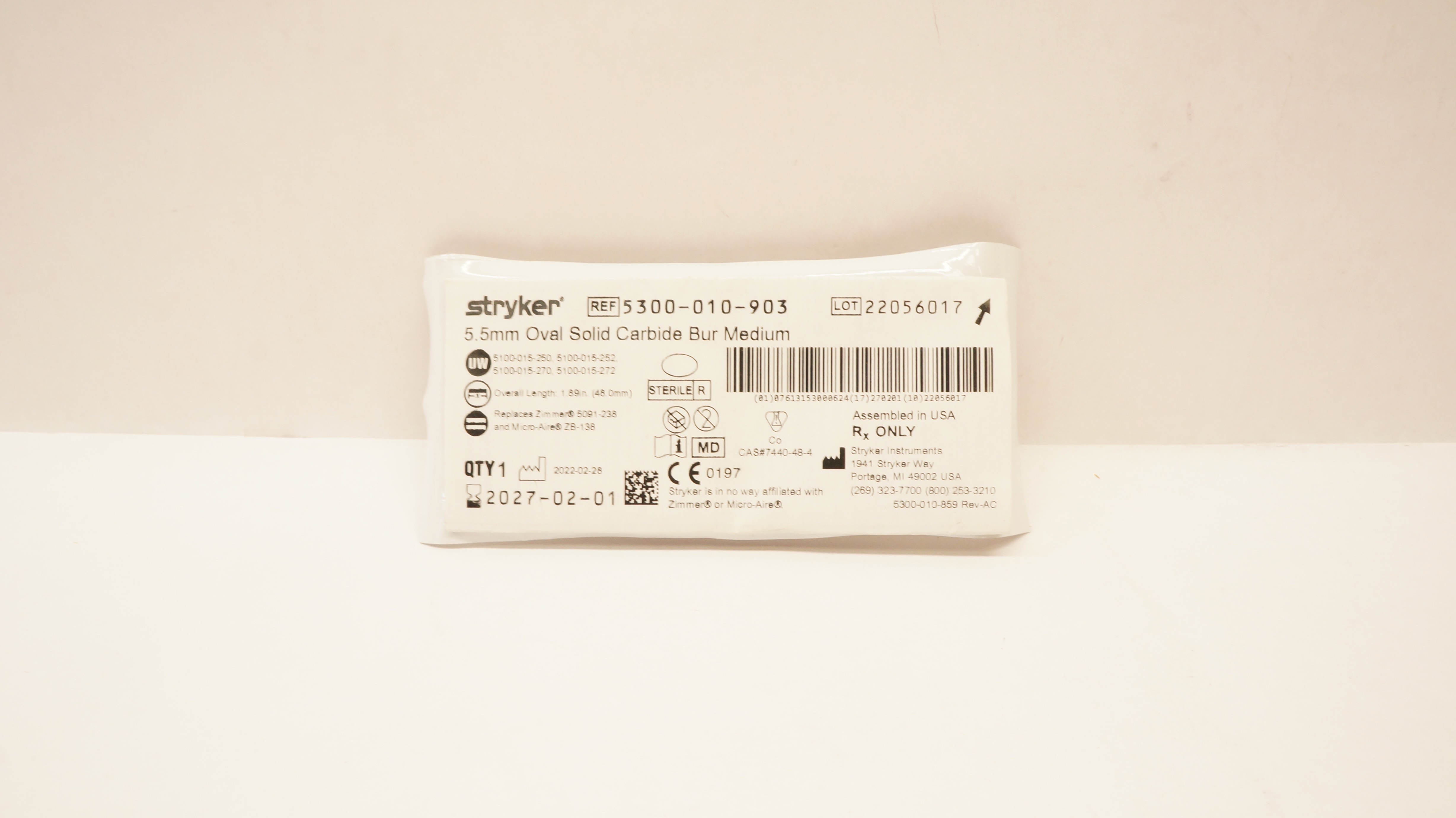 Stryker 5300-010-903 5.5mm Oval Solid Carbide Bur, Medium
