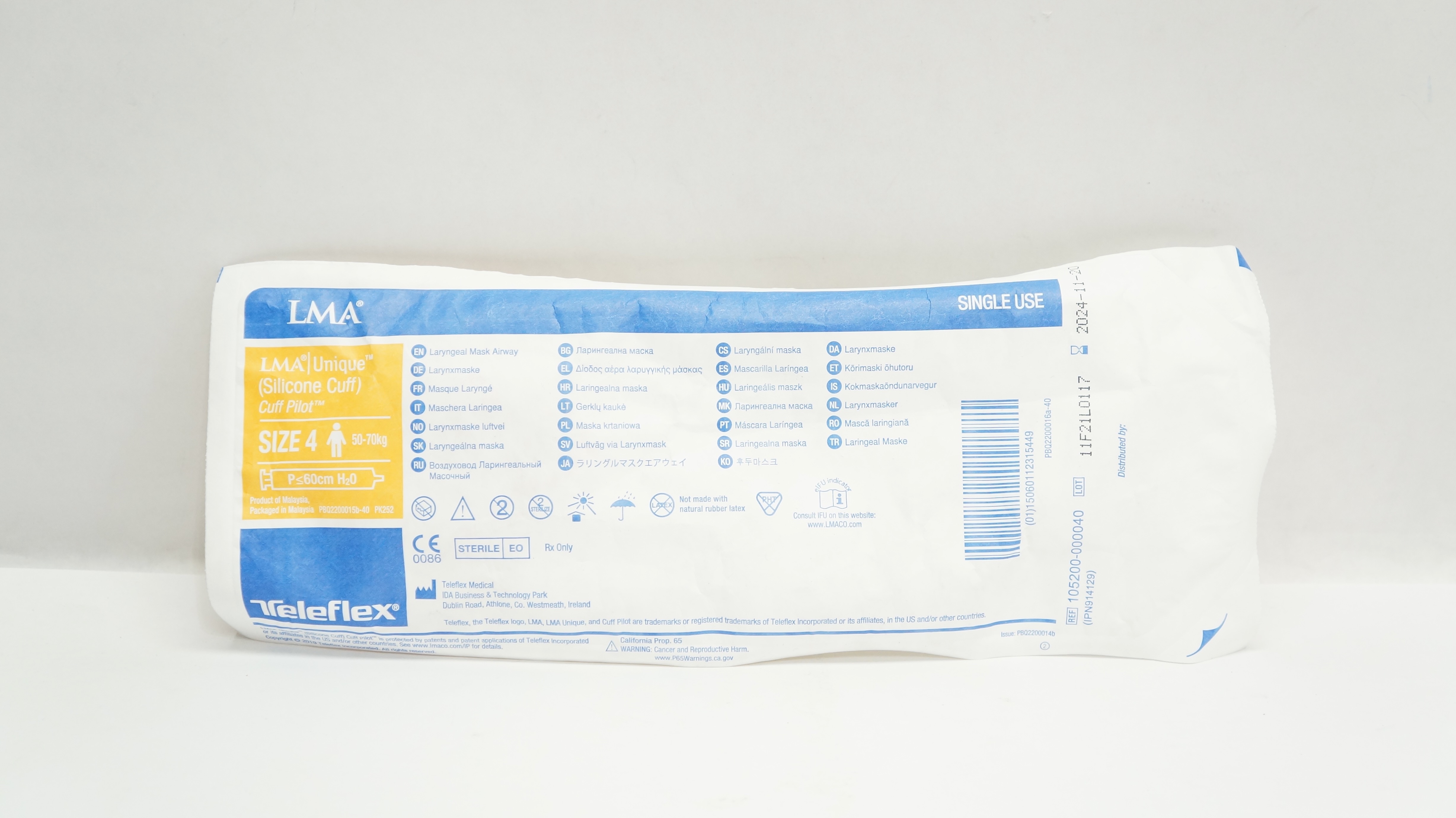 Teleflex 105200-000040 LMA Unique Cuff Pilot Laryngeal MaskAirway Size 4 50-70kg