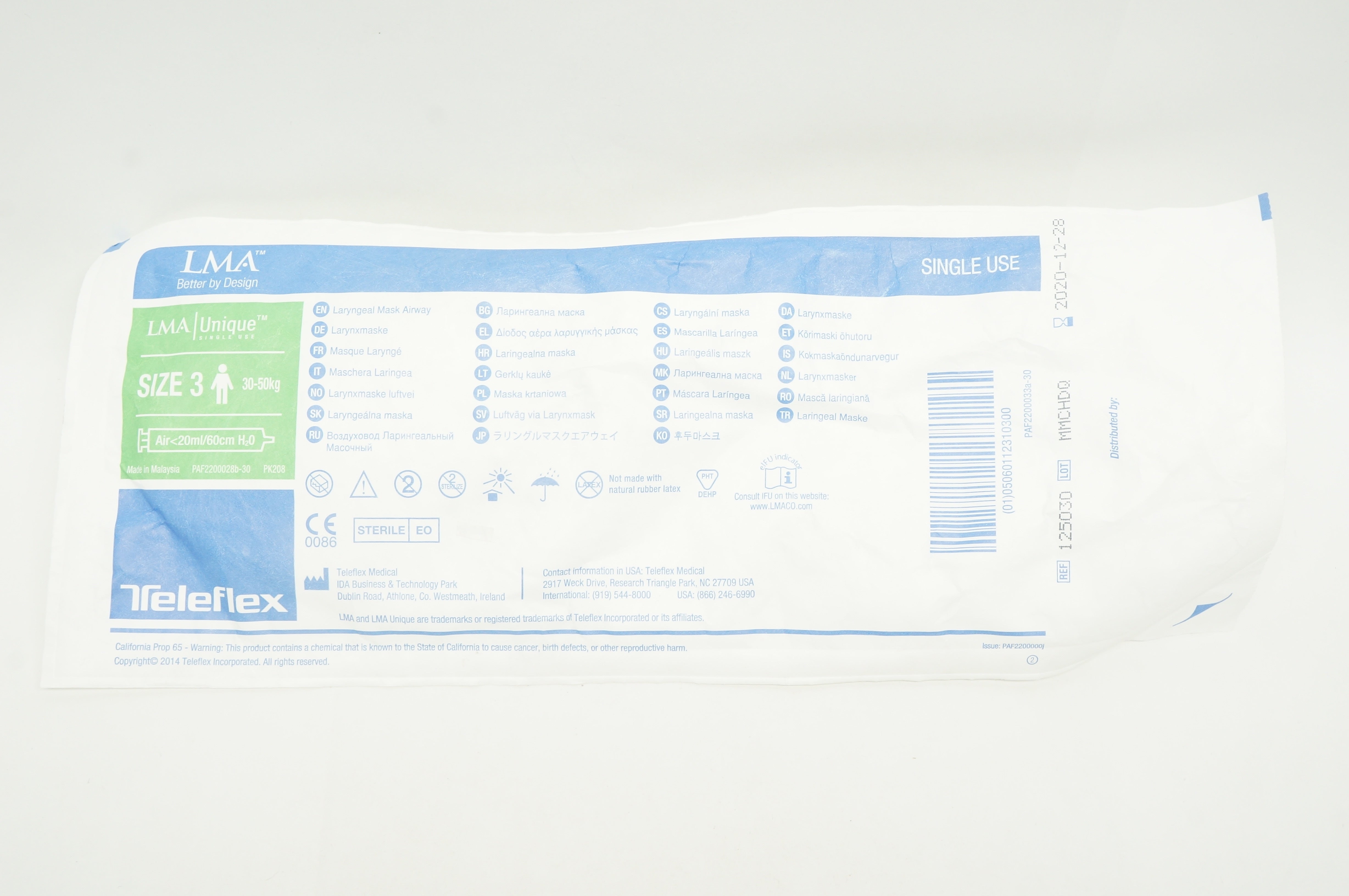 Teleflex 125030 LMA Unique Laryngeal Mask Airway Size 3 30-50kg <20ml/60cm (x)