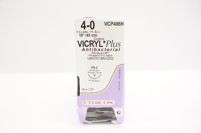 Ethicon VCP496H 4-0 VICRYL Plus, PS-2 19mm 3/8c Reverse Cutting, 18in -Box of 36