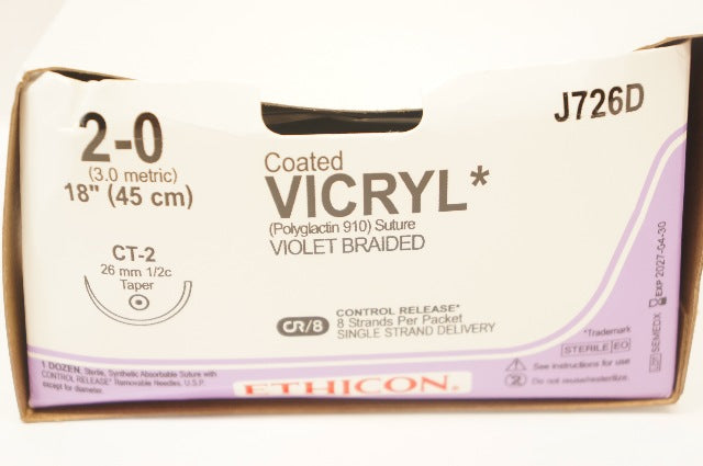 Ethicon J726D 2-0 Coated VICRYL Stre CT-2 26mm 1/2c Taper, 18inch - Box of 12