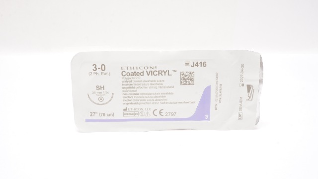 Ethicon J416 3-0 Coated VICRYL Polyglactin Stre SH 26mm 1/2c Taperpoint, 27inch