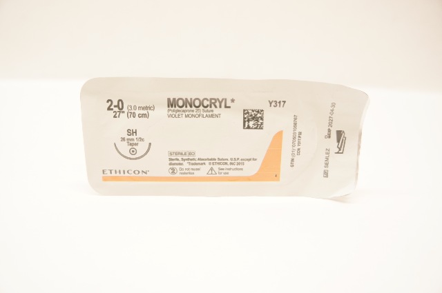 Ethicon Y317 2-0 MONOCRYL Poliglecaprone 25 Stre SH 26mm 1/2c Taper, 27inch