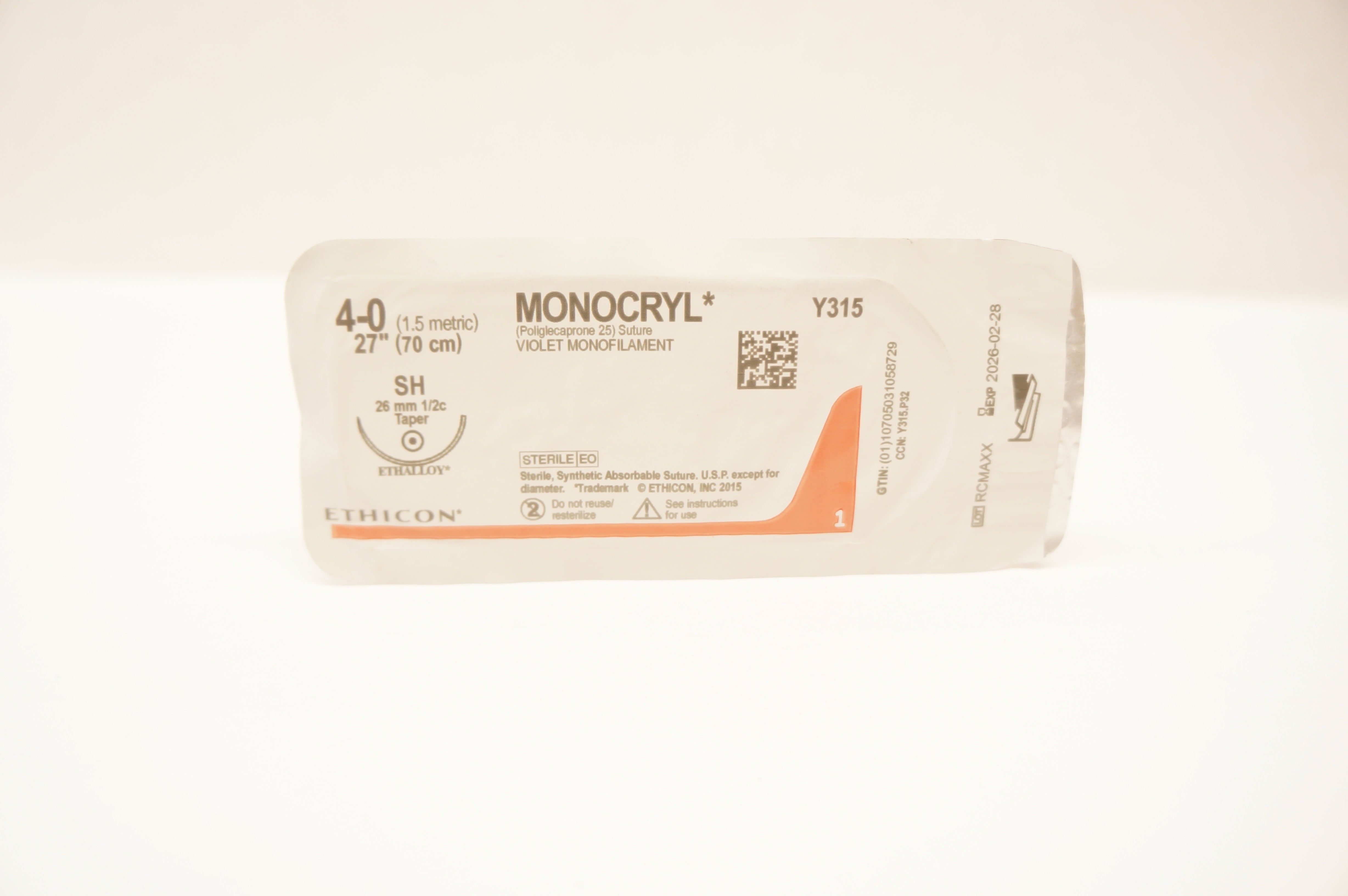 Ethicon Y315 4-0 MONOCRYL Poliglecaprone 25 Stre SH 26mm 1/2c Taper, 27inch