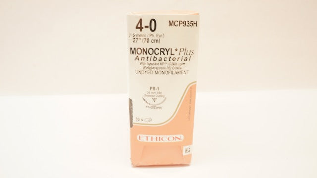 Ethicon MCP935H Monocryl Plus 4-0 PS-1 24mm ,3/8c,27Inch (x) - Box of 36