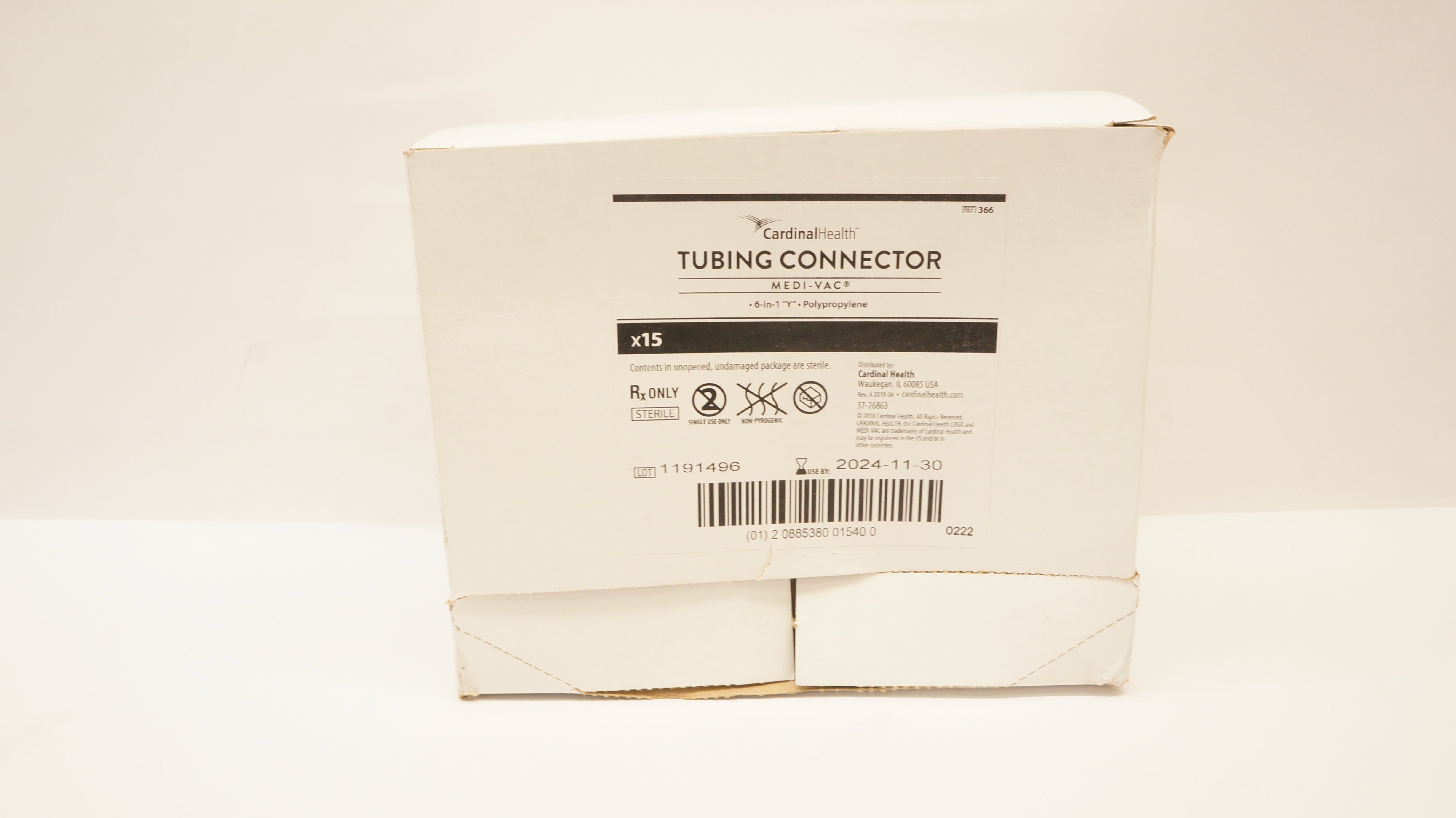 Cardinal Health 366 Medi-Vac Tubing Connector 6 inch1 Y Polypropylene -Box of 15