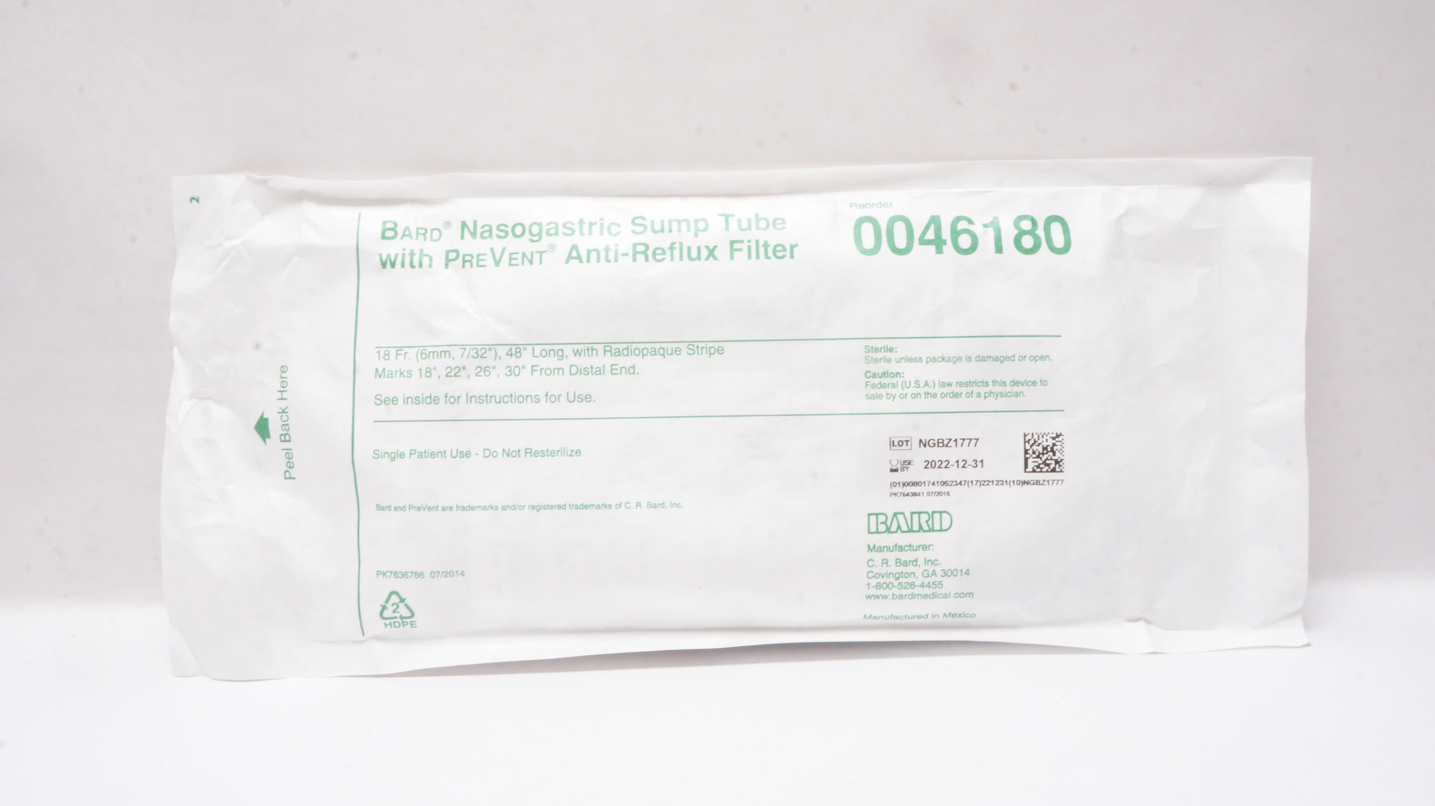 Bard 0046180 Nasogastric Sump Tube w/PreVent Anti-Reflux Filter 18Fr x 48inch(x)